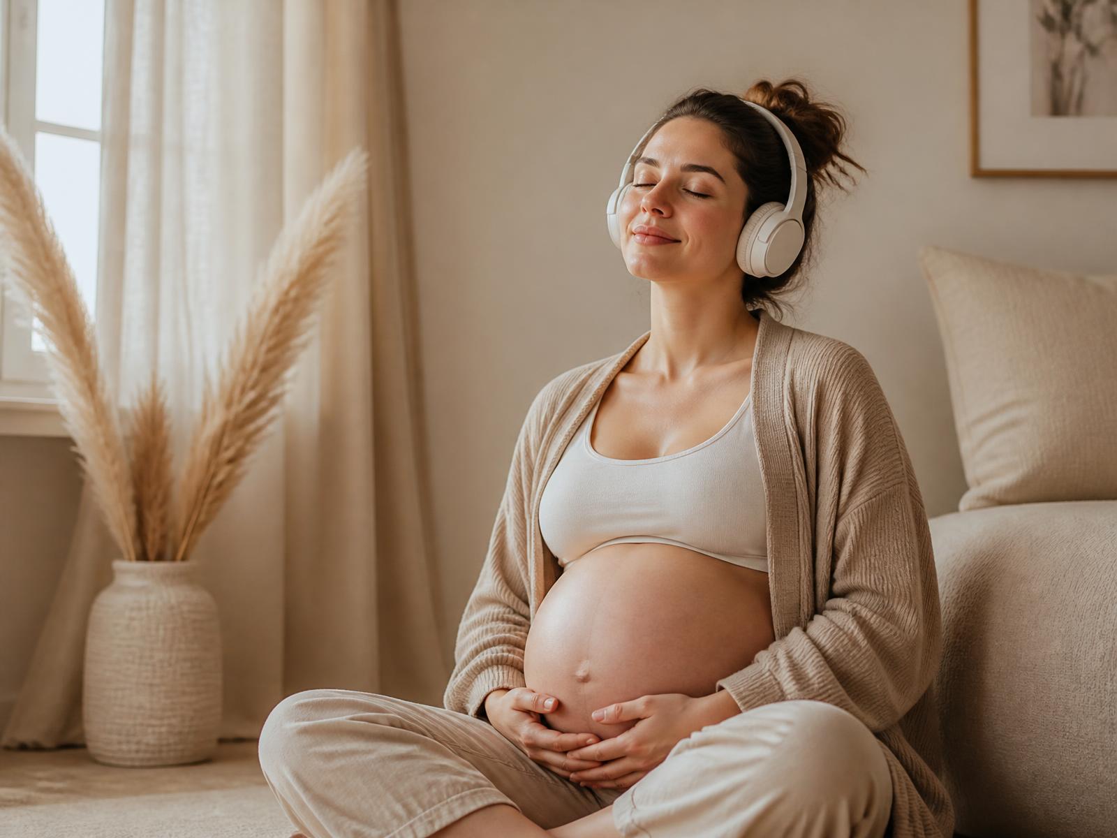 Expecting mother listening to a calm 432 Hz session with headphones